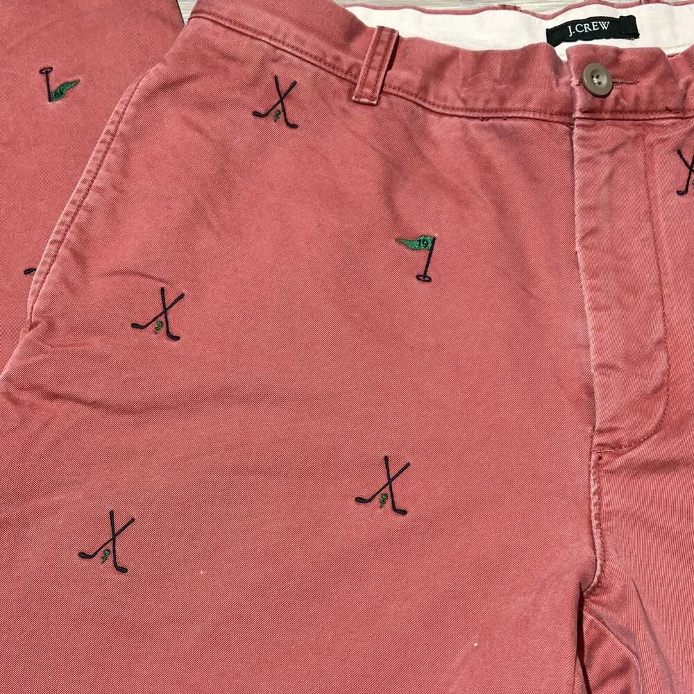 J Crew Mens Chino Pants 34x30 Pink Straight Fit Golf Club / Flag Embroidery